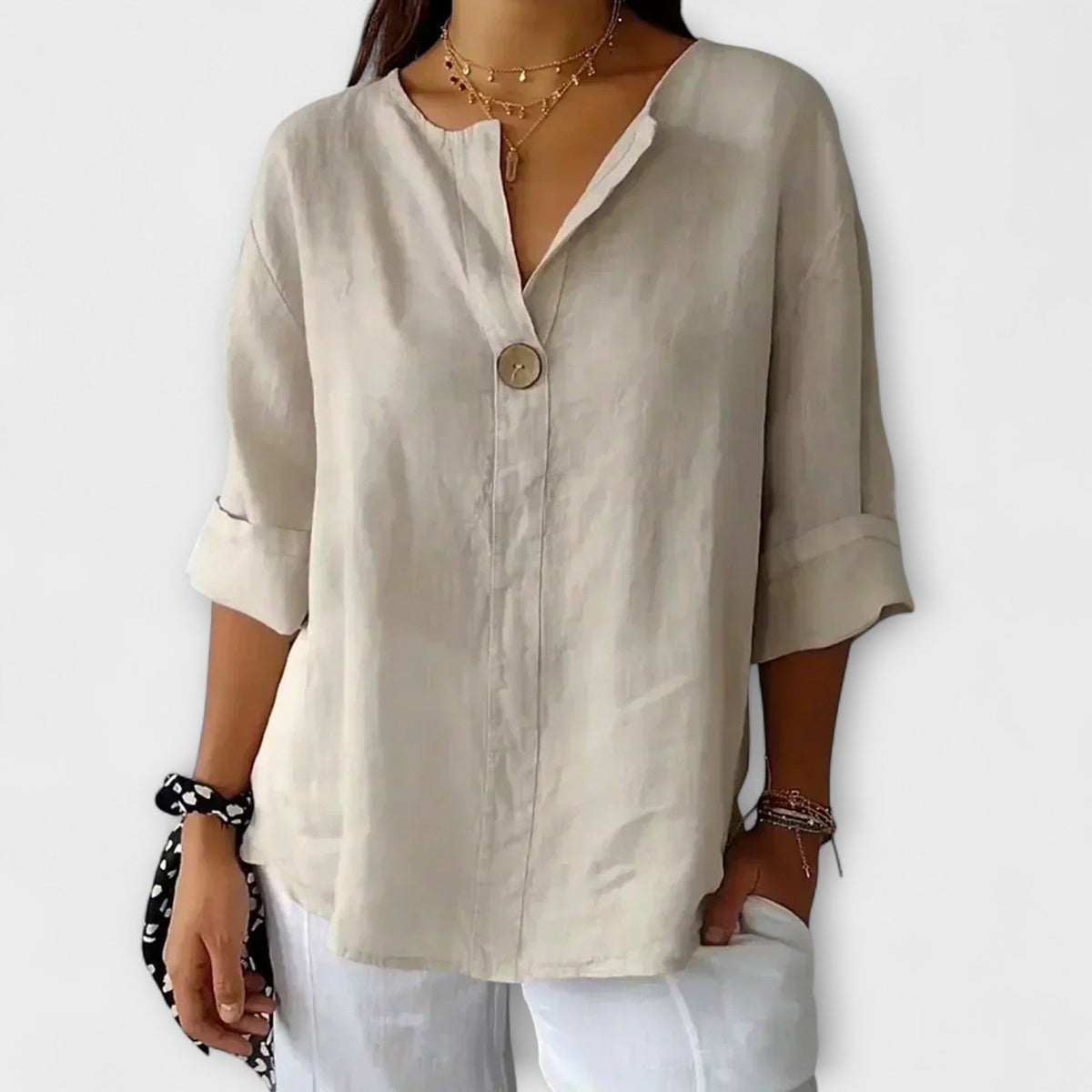 Nicole - Chemisier en Lin Beige à Col V