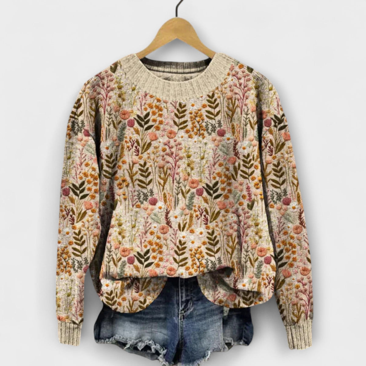 Tina - Pull Beige à Motif Floral
