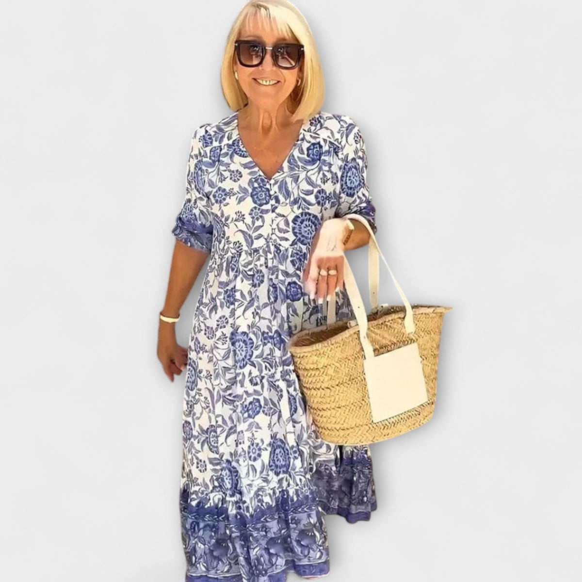 Caitlin - Robe Légère Bleue et Blanche à Motif Floral