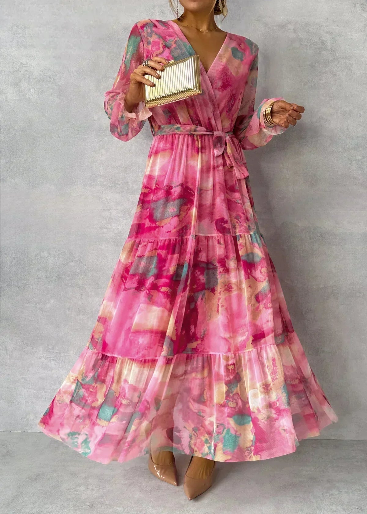 Luísa - Robe Portefeuille Rose à Motif Floral