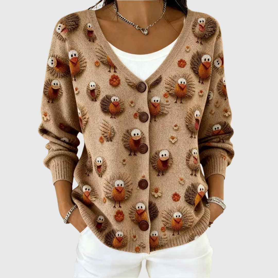 Félicie - Cardigan boutonné beige à hérissons