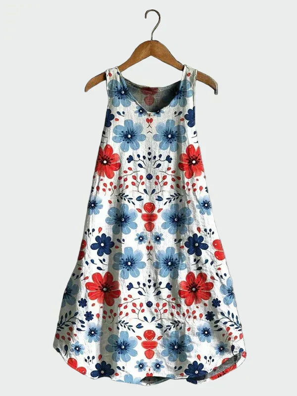 Robe Blanche à Fleurs Rouges et Bleues