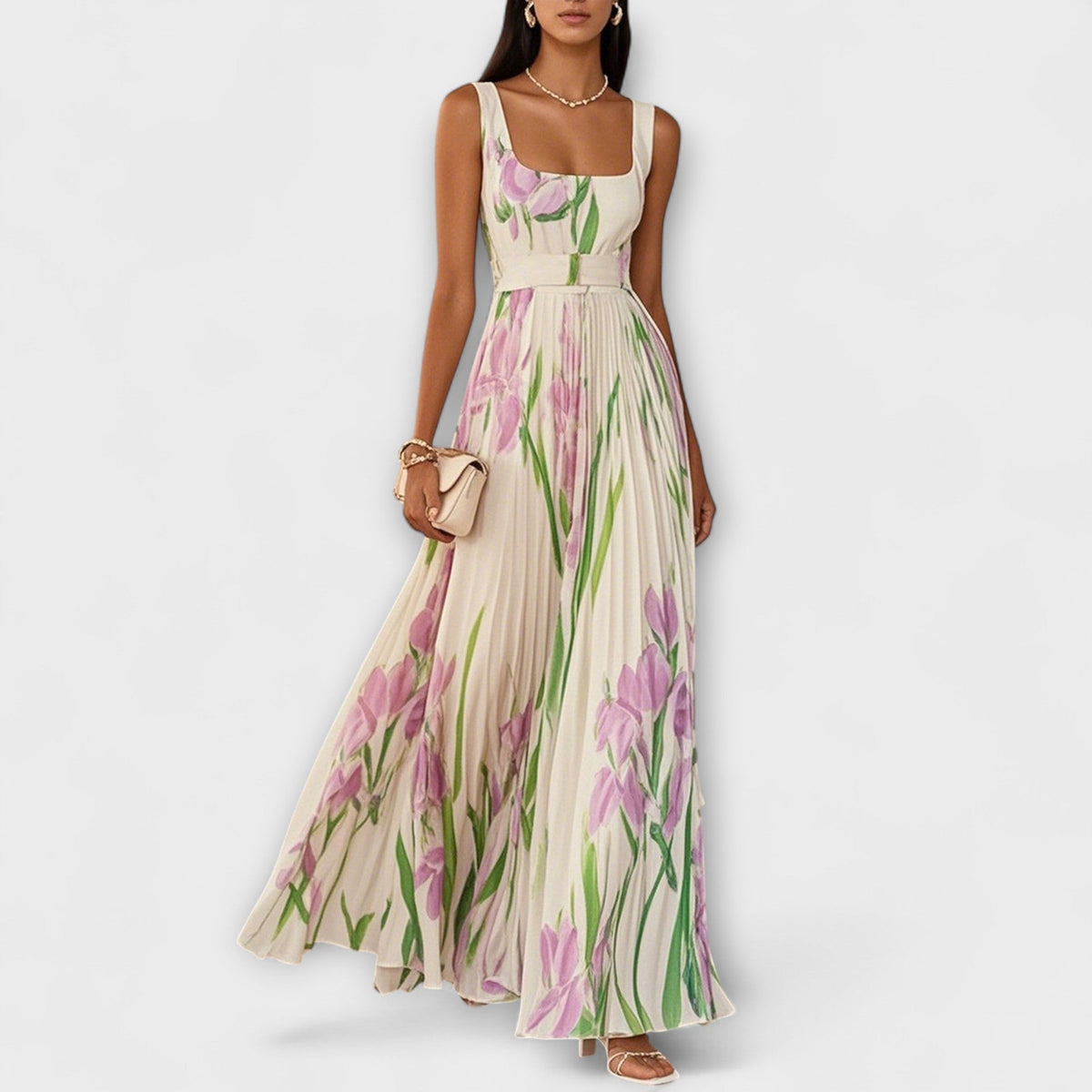 Penélope - Robe Longue en Mousseline Crème à Fleurs