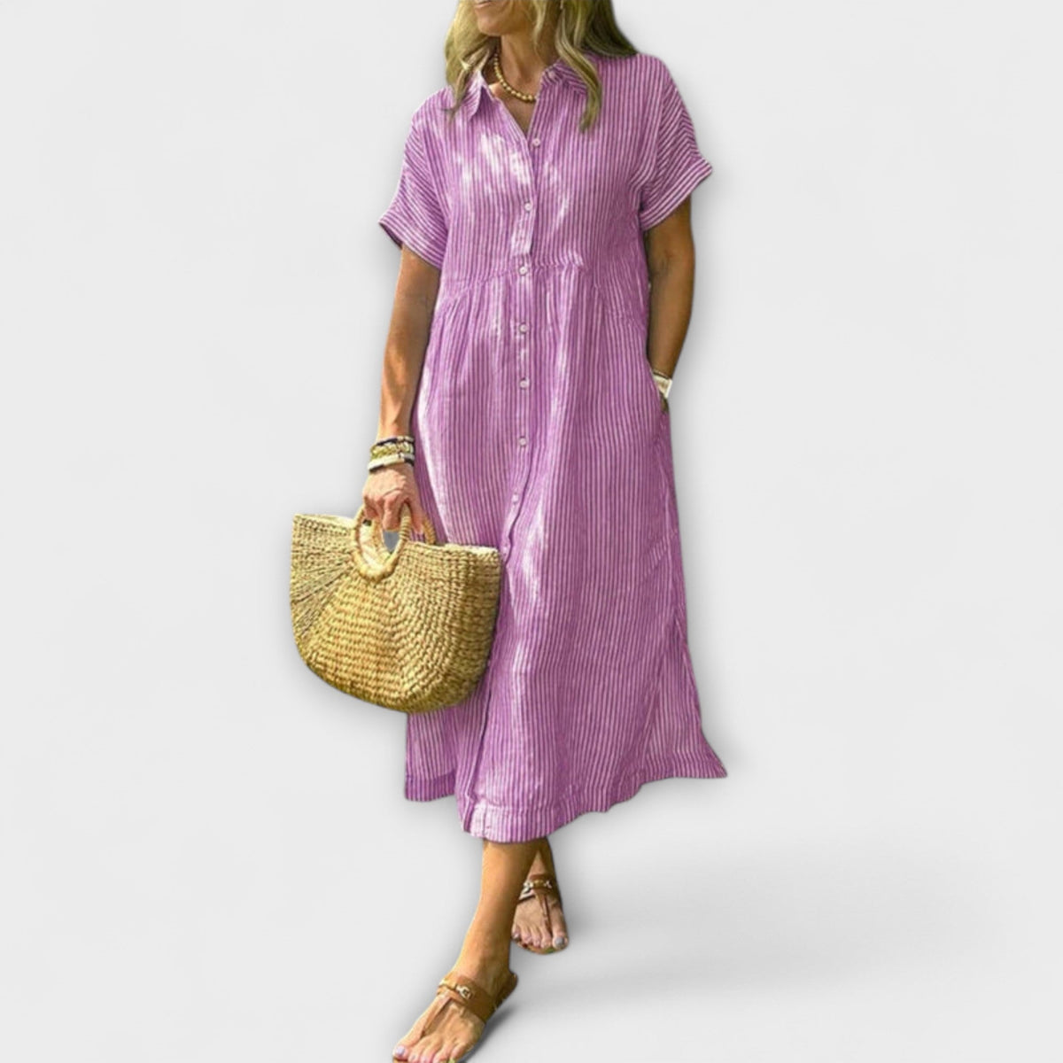 Anorea - Robe Chemisier Bleu Clair Rayée