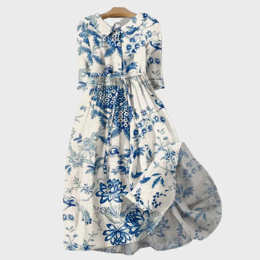 Robe Bleue et Blanche à Motif Porcelaine Fleurie