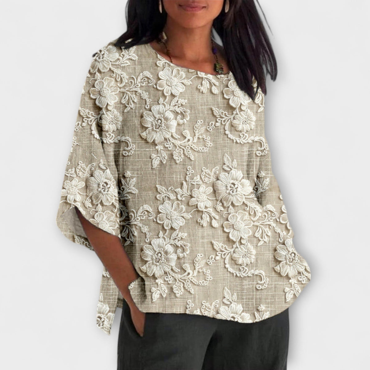 Hazel - Haut Beige à Motif Floral Vintage