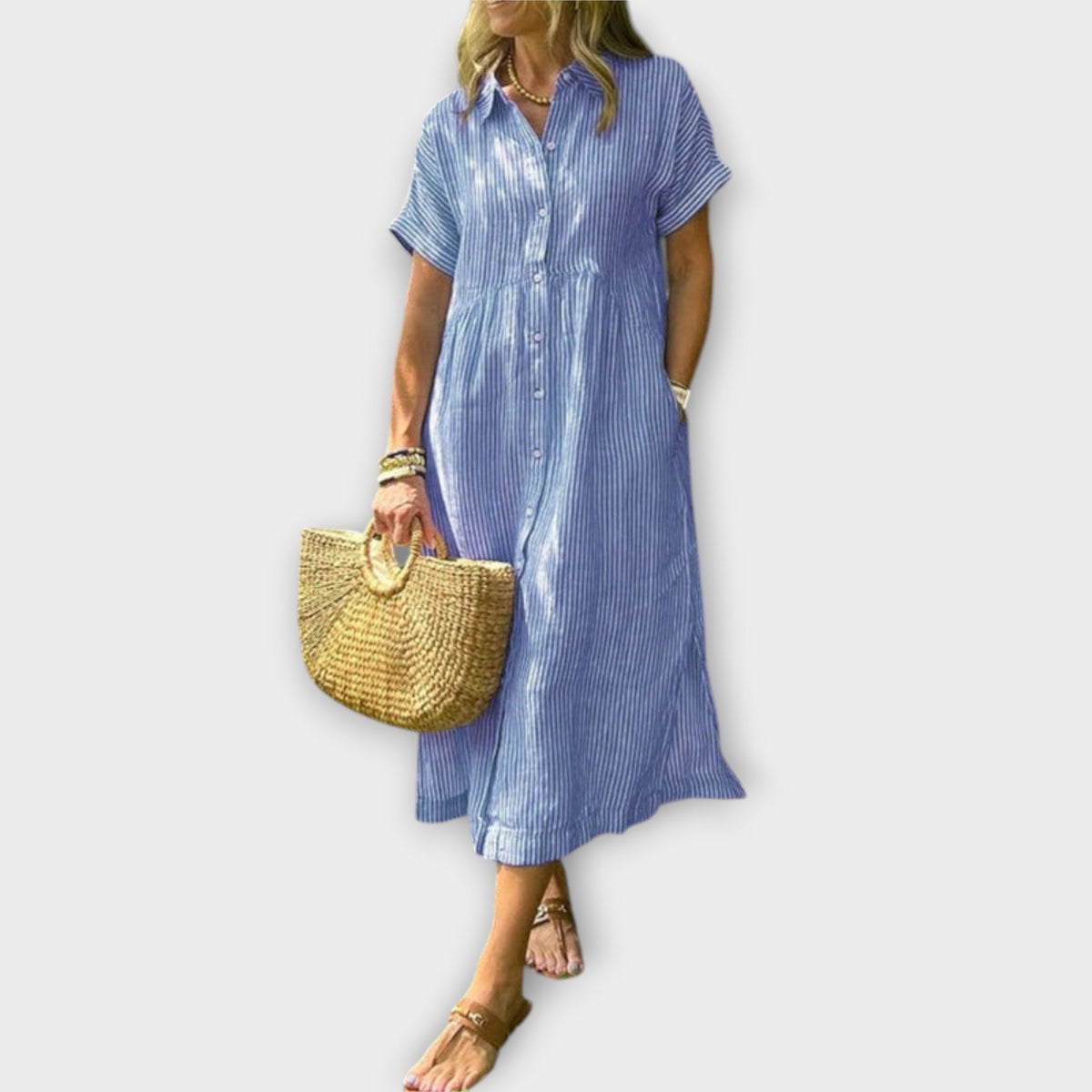 Anorea - Robe Chemisier Bleu Clair Rayée