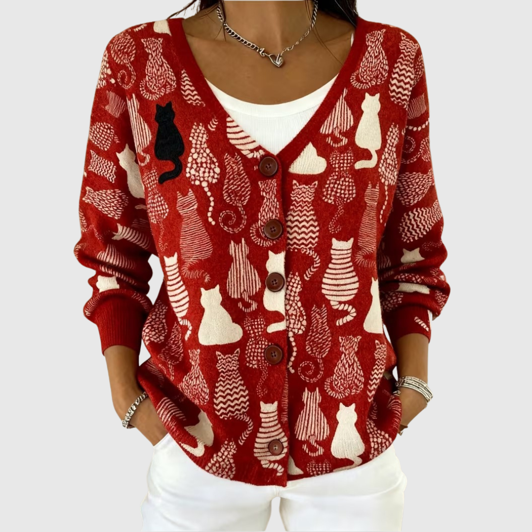 Karine - Cardigan boutonné rouge à chats blancs