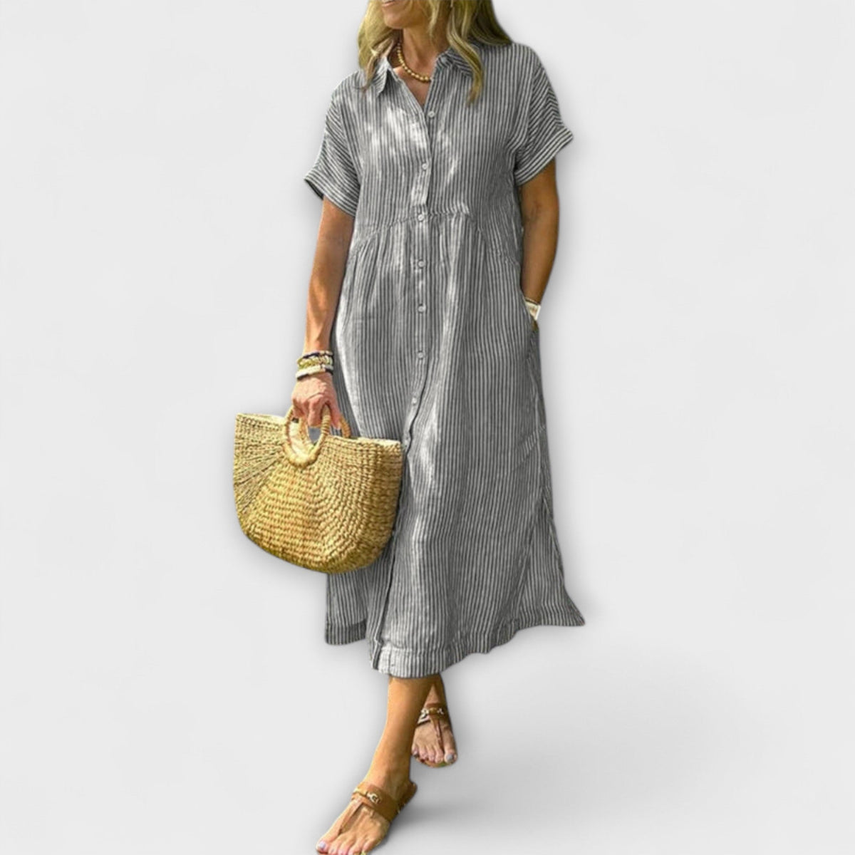 Anorea - Robe Chemisier Bleu Clair Rayée
