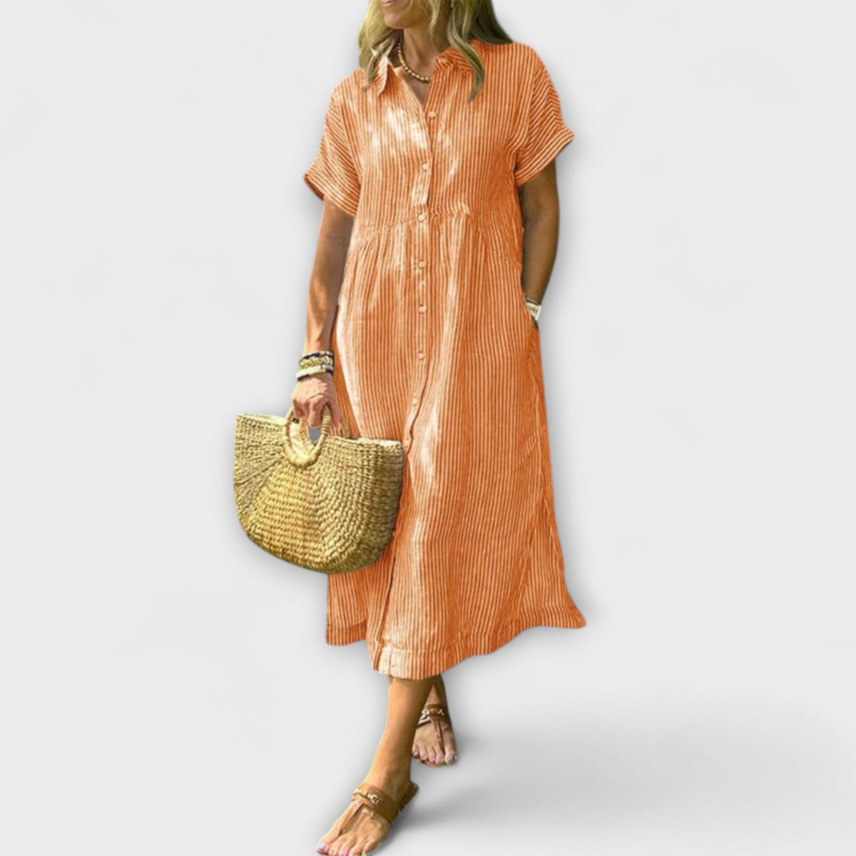 Anorea - Robe Chemisier Bleu Clair Rayée