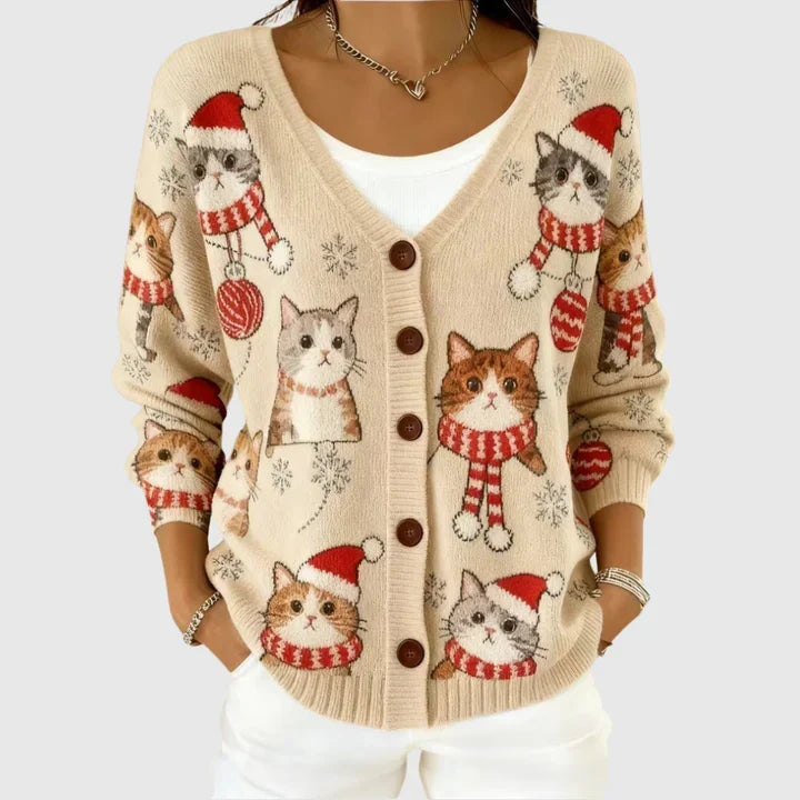 Aurélie - Cardigan boutonné beige à chats de Noël