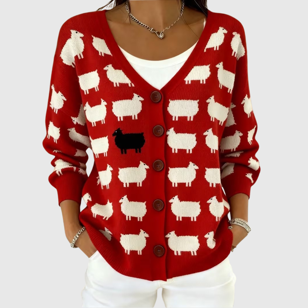 Irène - Cardigan boutonné rouge à moutons blancs