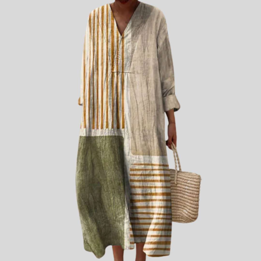 Robe Beige Rayée à Boutons
