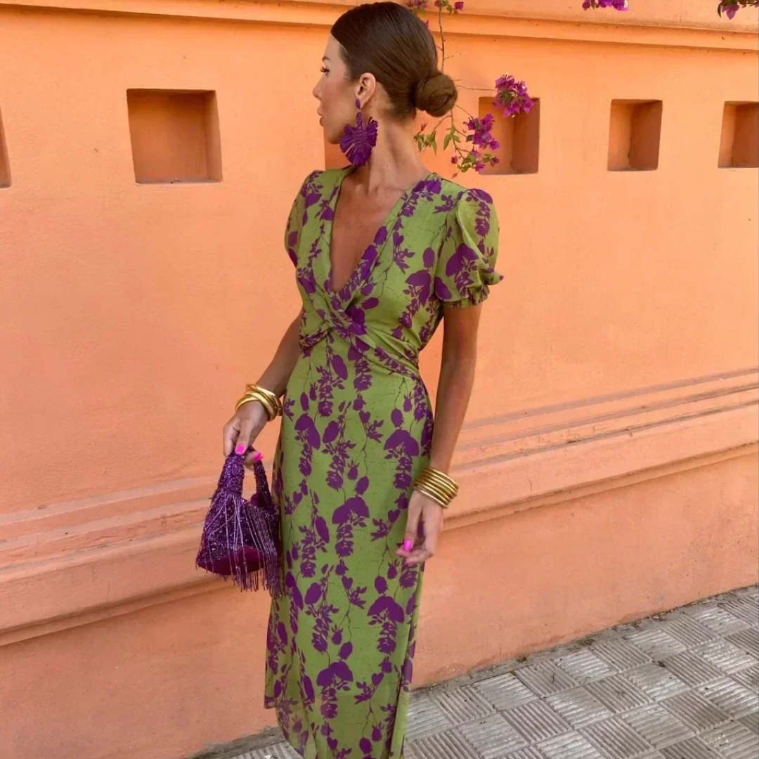 Zoé - Robe Longue Verte à Motif Floral Violet
