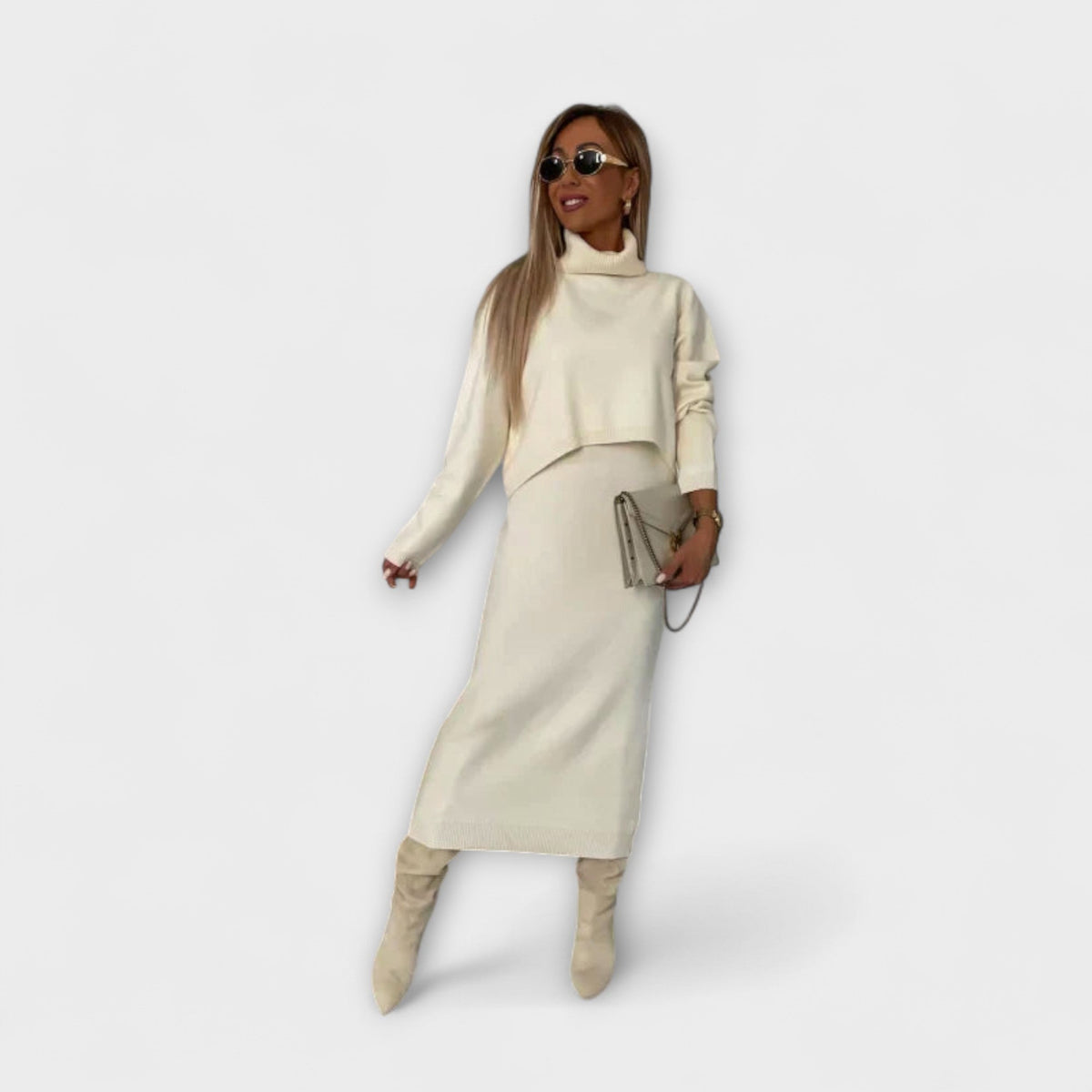Solange - Robe Grise avec Col Roulé Assorti
