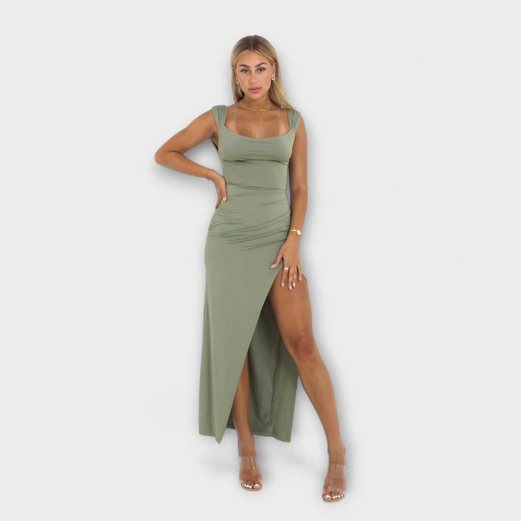 Ellie - Robe Midi Ajustée Vert Olive à Fente