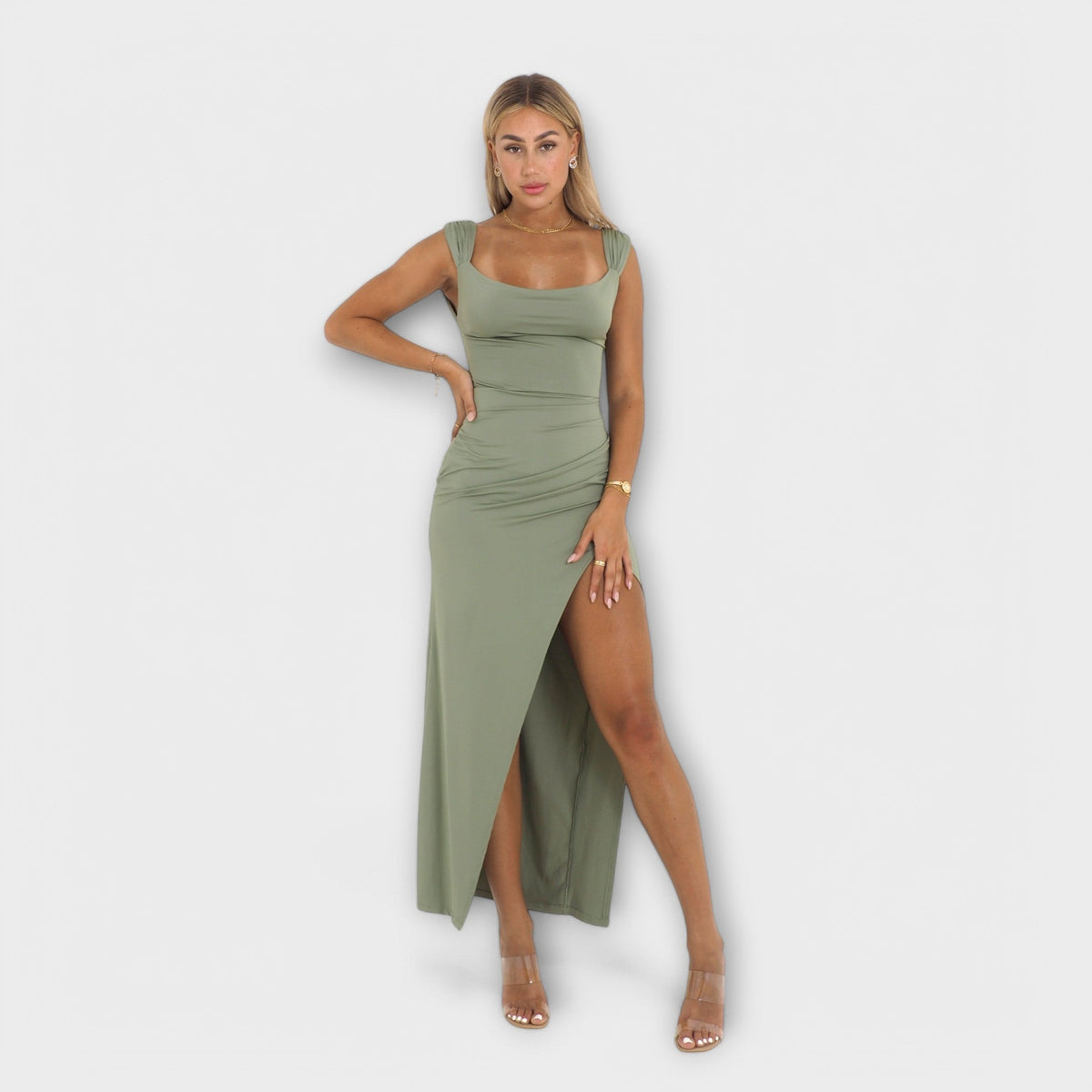 Ellie - Robe Midi Ajustée Vert Olive à Fente