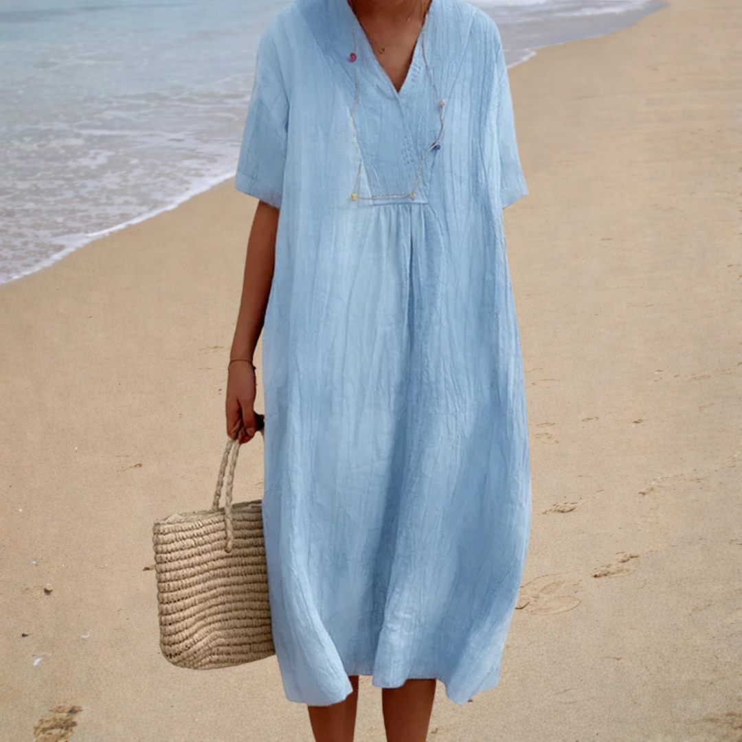 Robe en Lin Bleu Clair à Col V