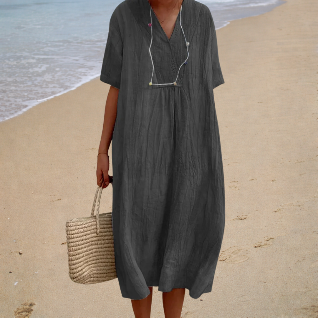 Robe en Lin Bleu Clair à Col V