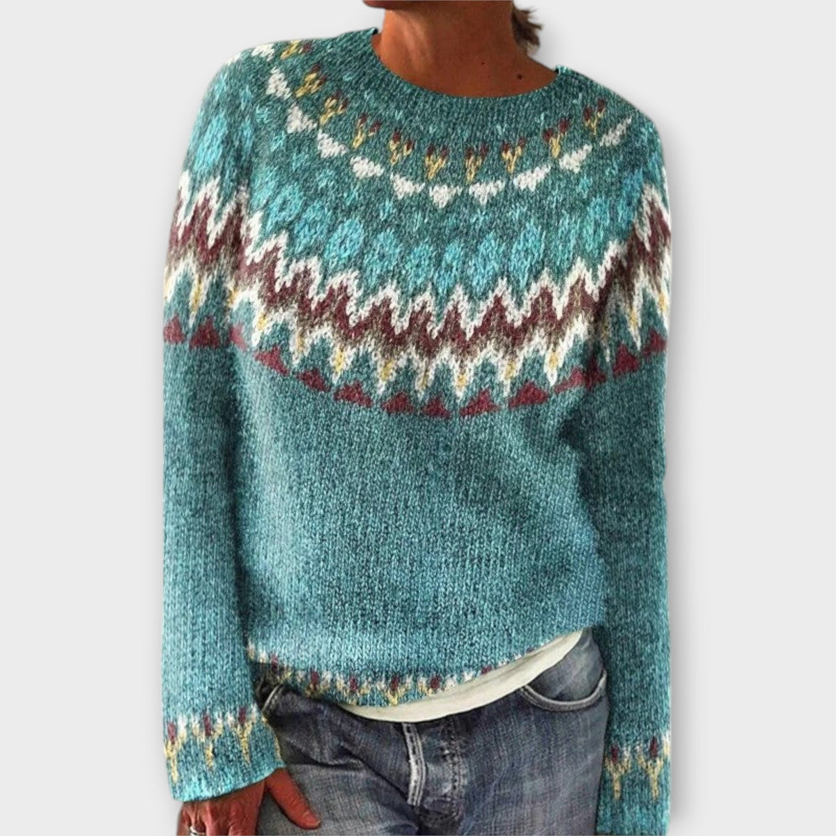 Devyn - Pull Douillet Bleu Pétrole à Motif Norvégien