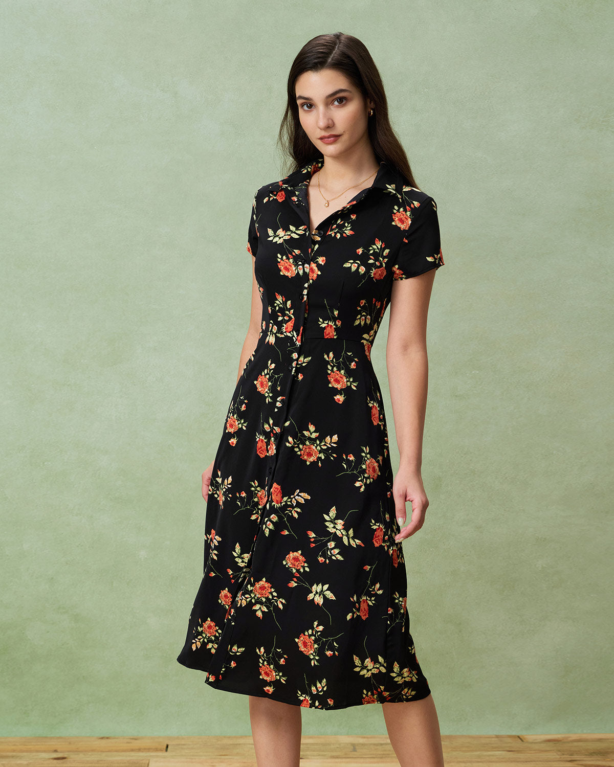Glória - Robe Midi Noire à Motif Floral