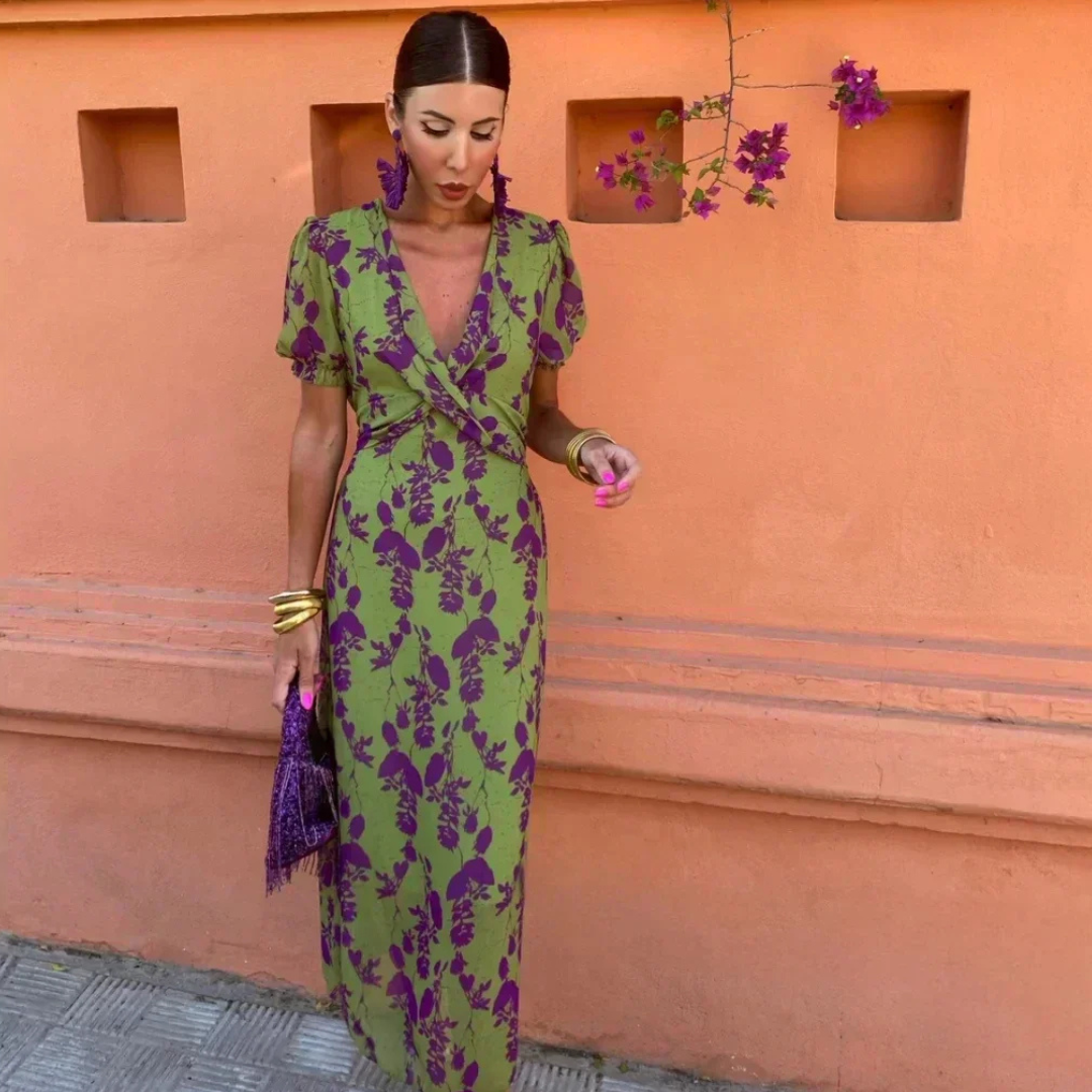 Zoé - Robe Longue Verte à Motif Floral Violet