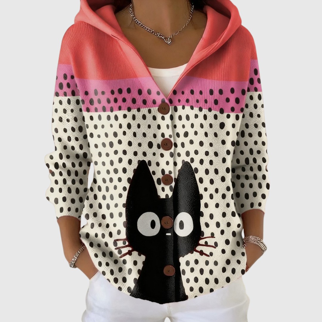 Colette - Cardigan à capuche à pois et chat noir