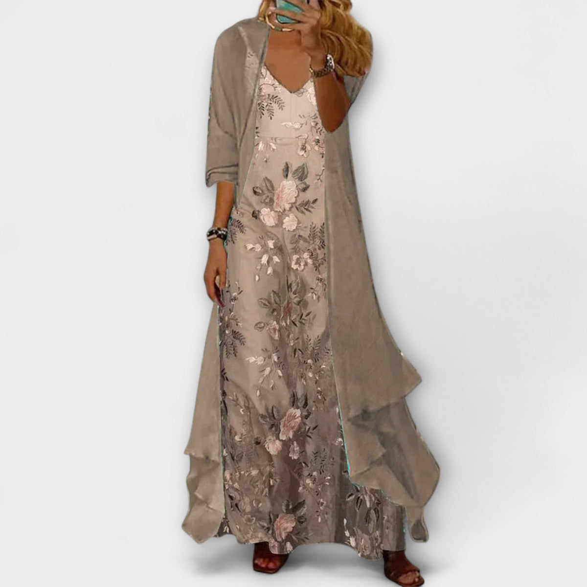 Mara - Ensemble 2 Pièces Robe Longue et Veste Vert Gris