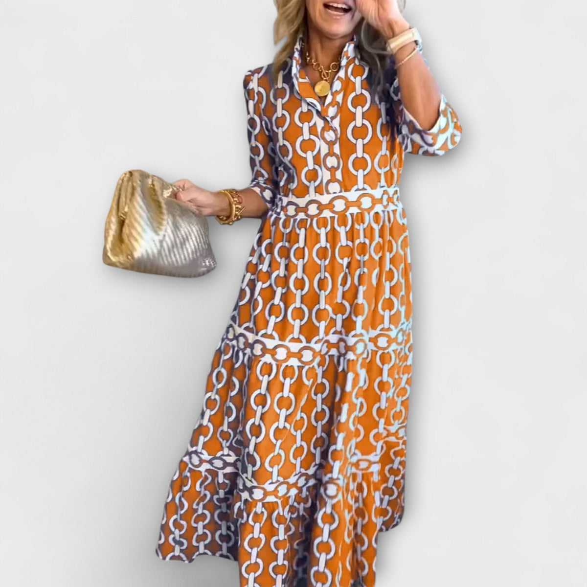 Sofia - Robe Midi Bleue à Motif Chaînes