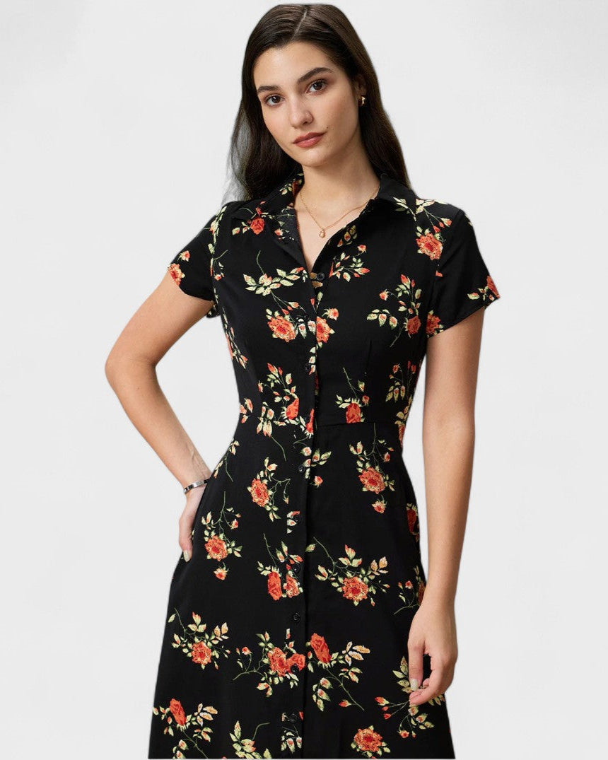 Glória - Robe Midi Noire à Motif Floral