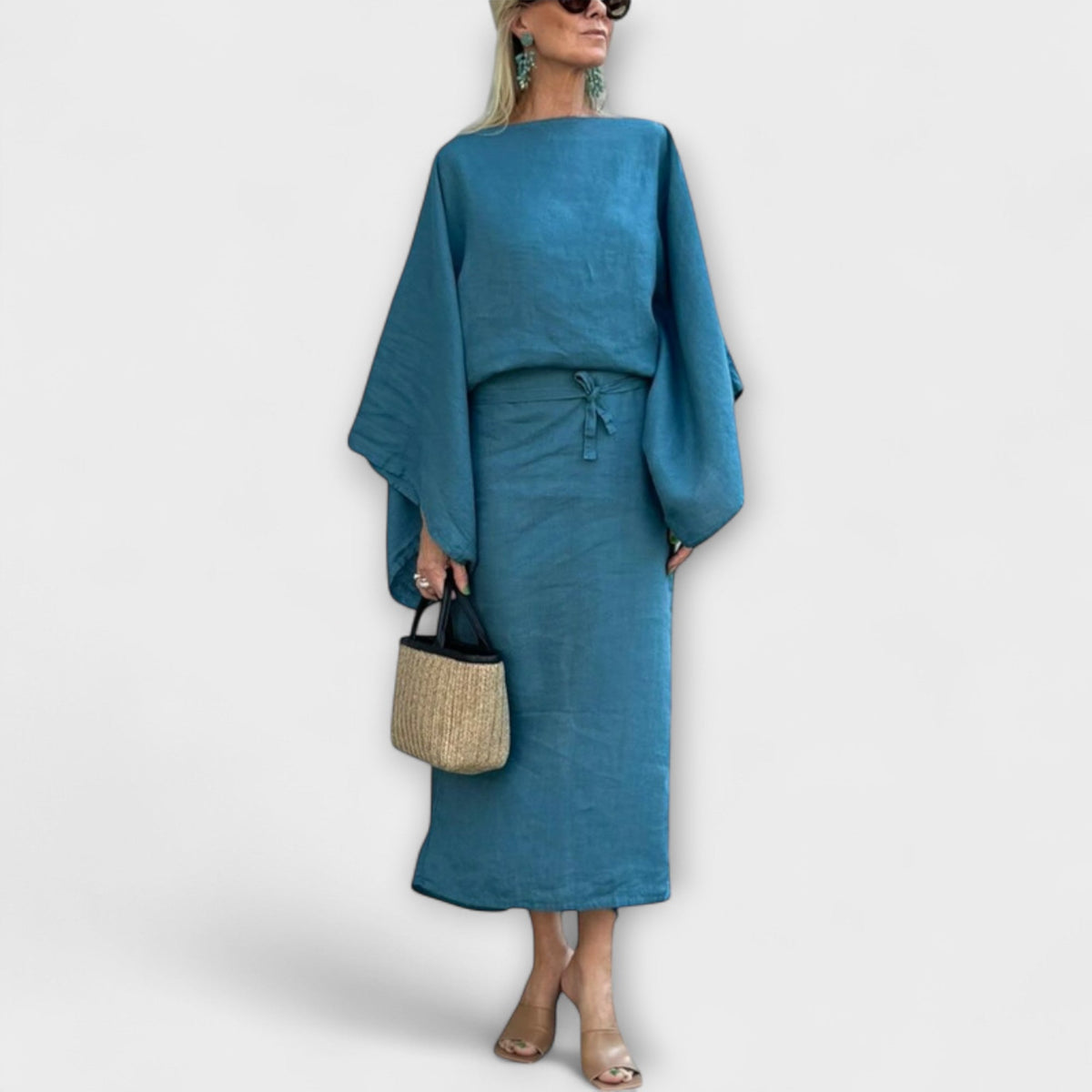 Dana - Robe Kimono en Lin Bleu