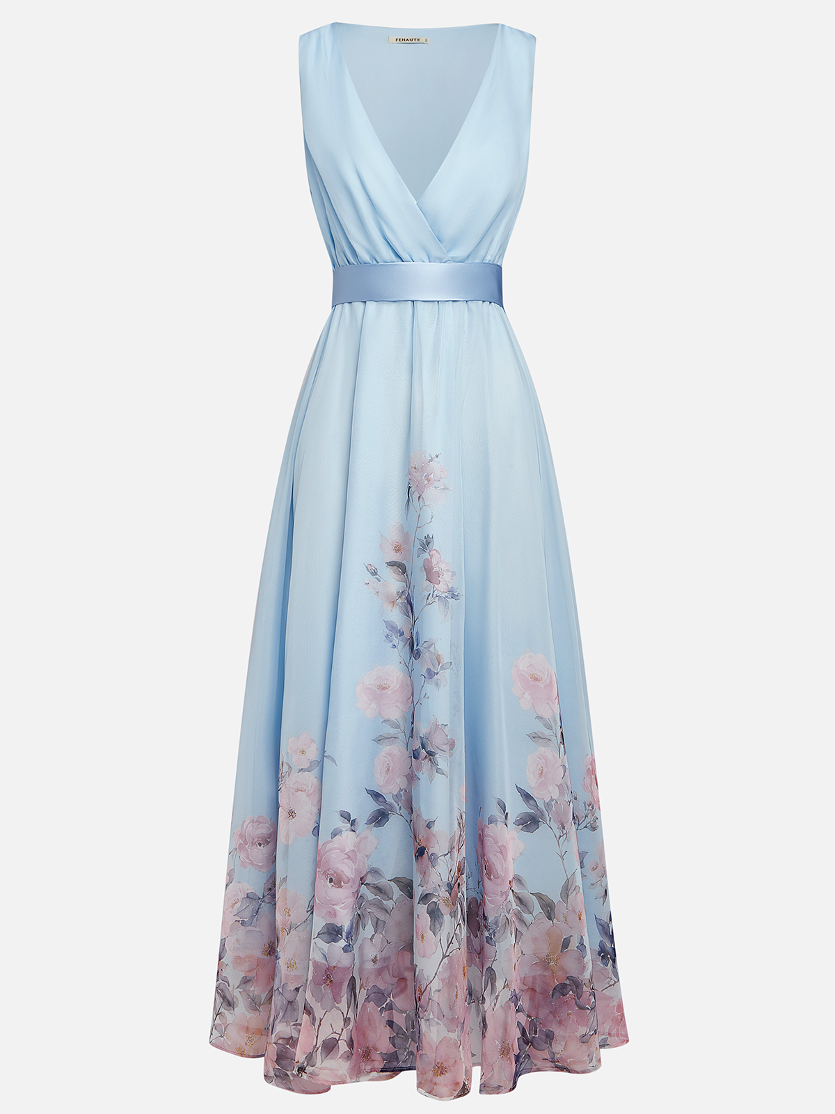 Cíntia - Robe d'Été Bleu Clair à Ourlet Fleuri