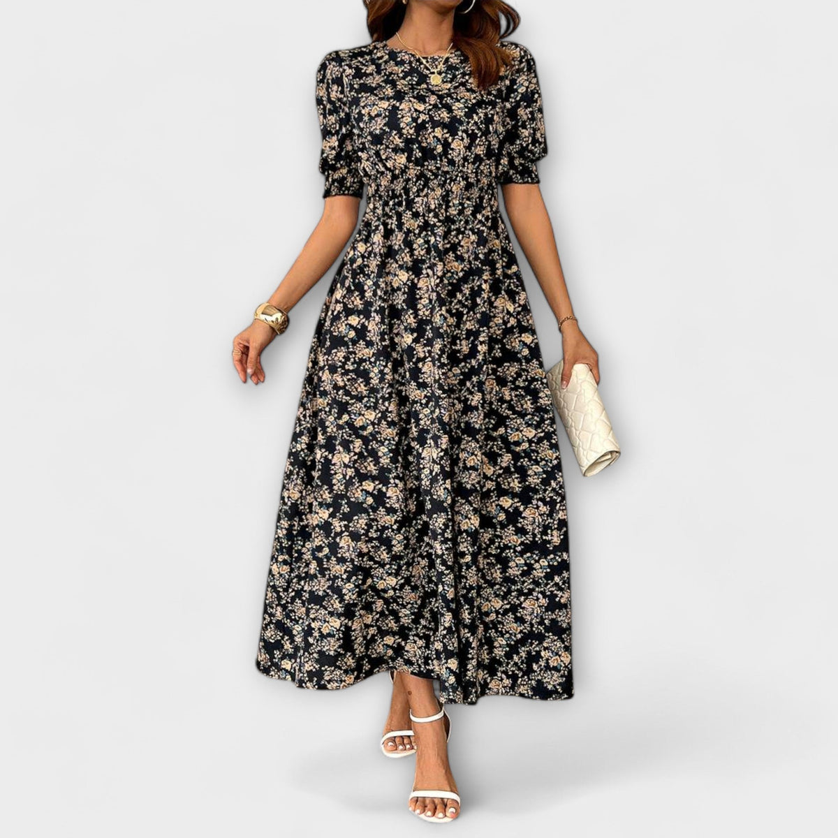 Amelia - Robe Rouge à Col Rond et Petites Fleurs