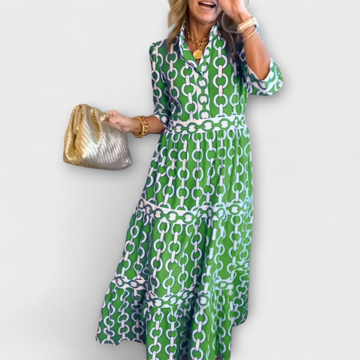 Sofia - Robe Midi Bleue à Motif Chaînes