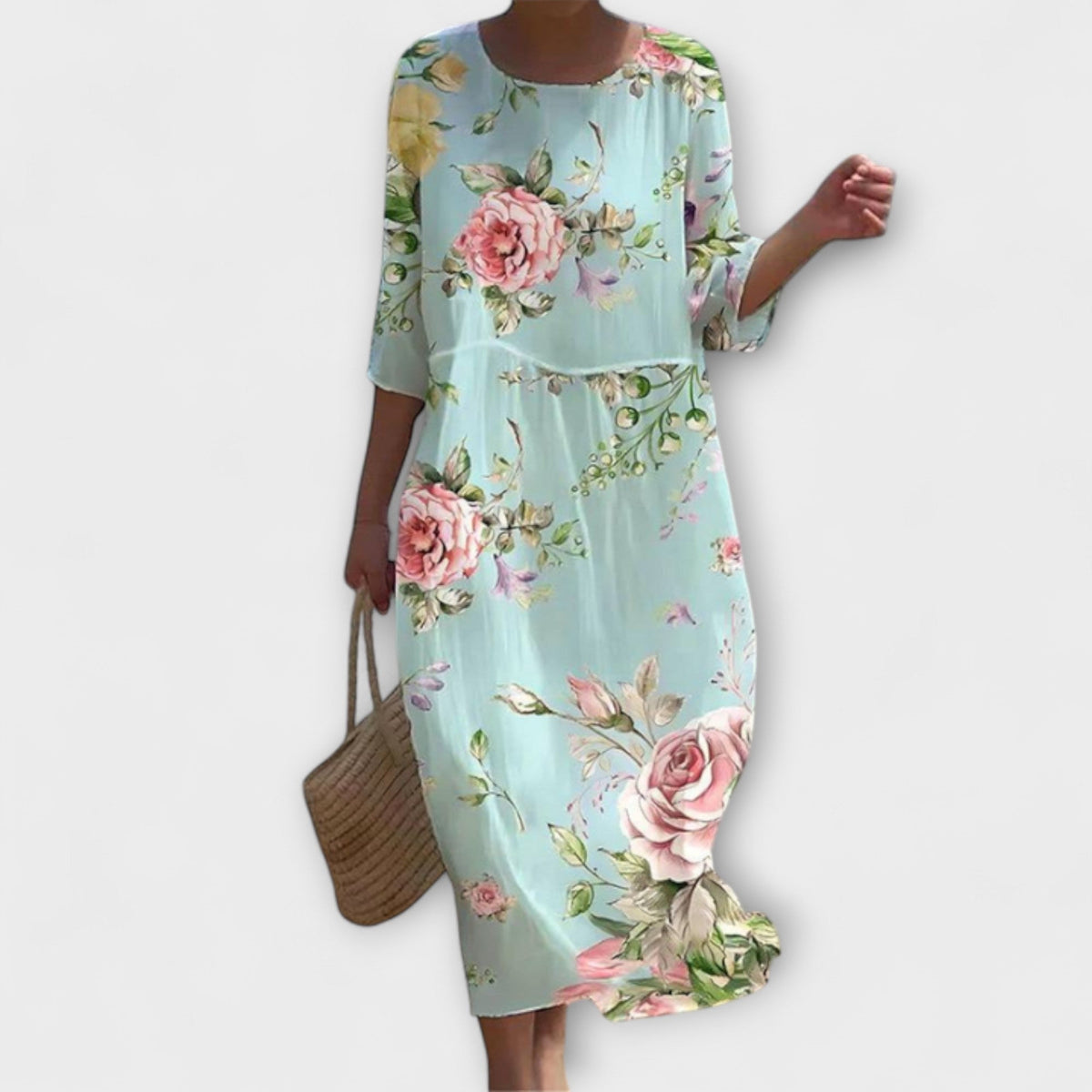 Miranda - Robe Midi Vert Menthe à Motif Roses