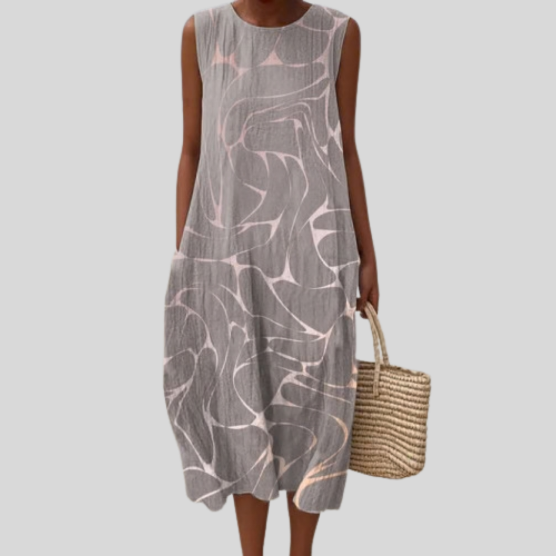 Robe en Lin Grise à Motif Abstrait