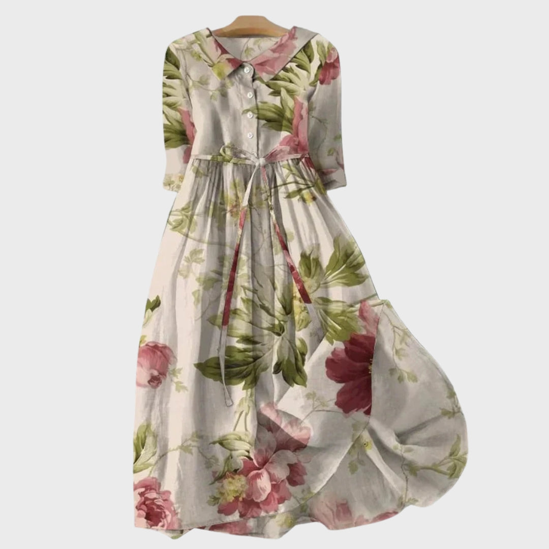 Robe Longue Crème à Motif Botanique