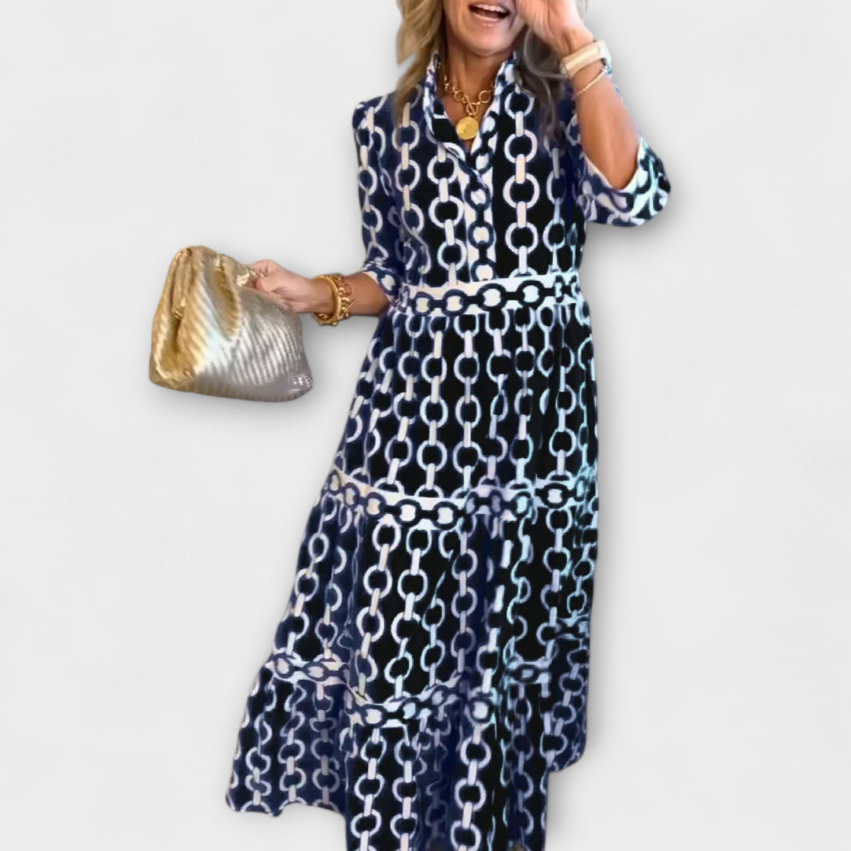 Sofia - Robe Midi Bleue à Motif Chaînes