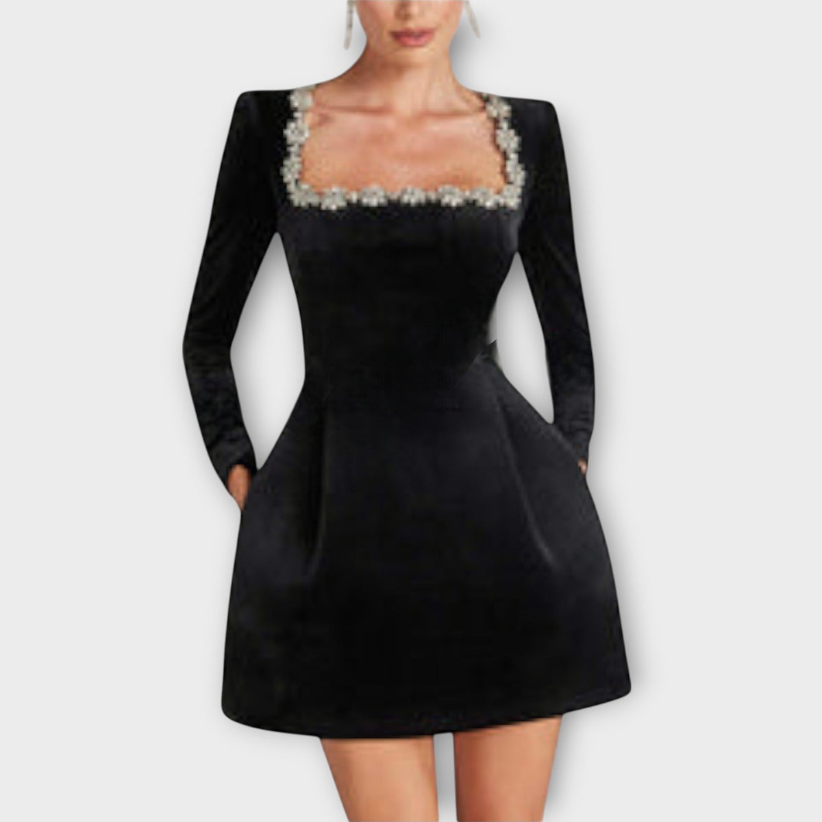 Wren - Mini-Robe en Velours Noir à Pierres Précieuses