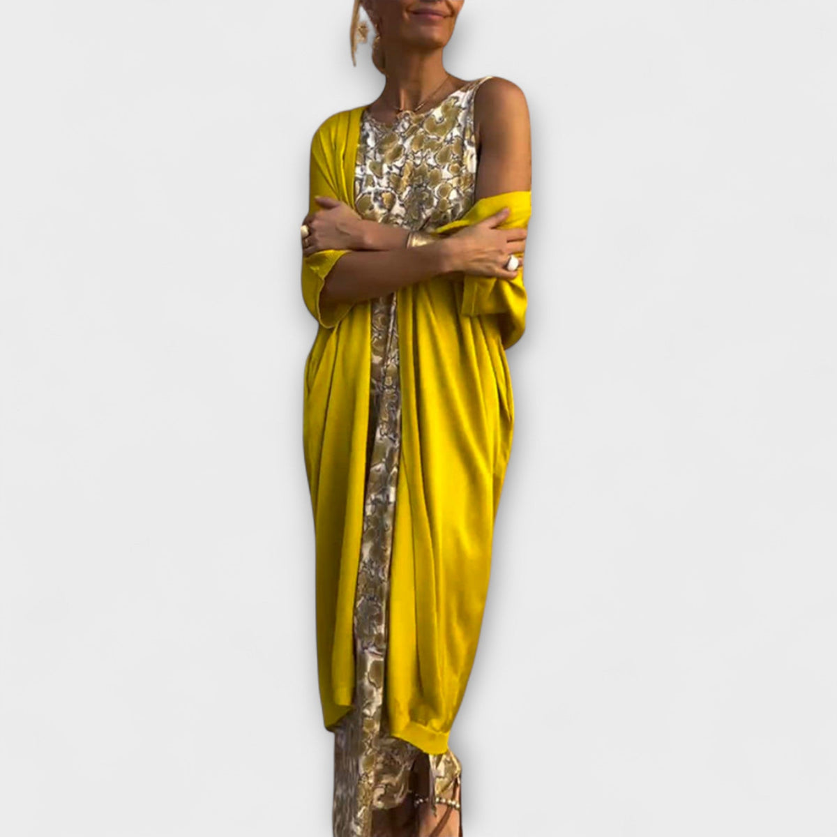 Charlotte - Robe Jaune avec Cardigan Pailleté Assorti