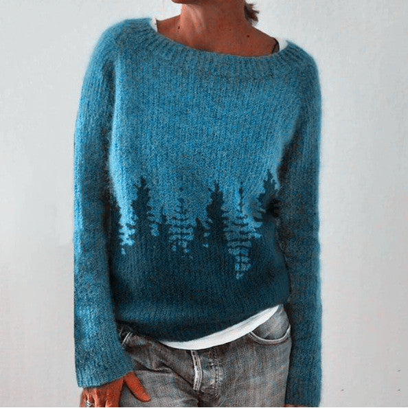 Veronika - Pull Douillet Bleu Pétrole à Motif Sapin