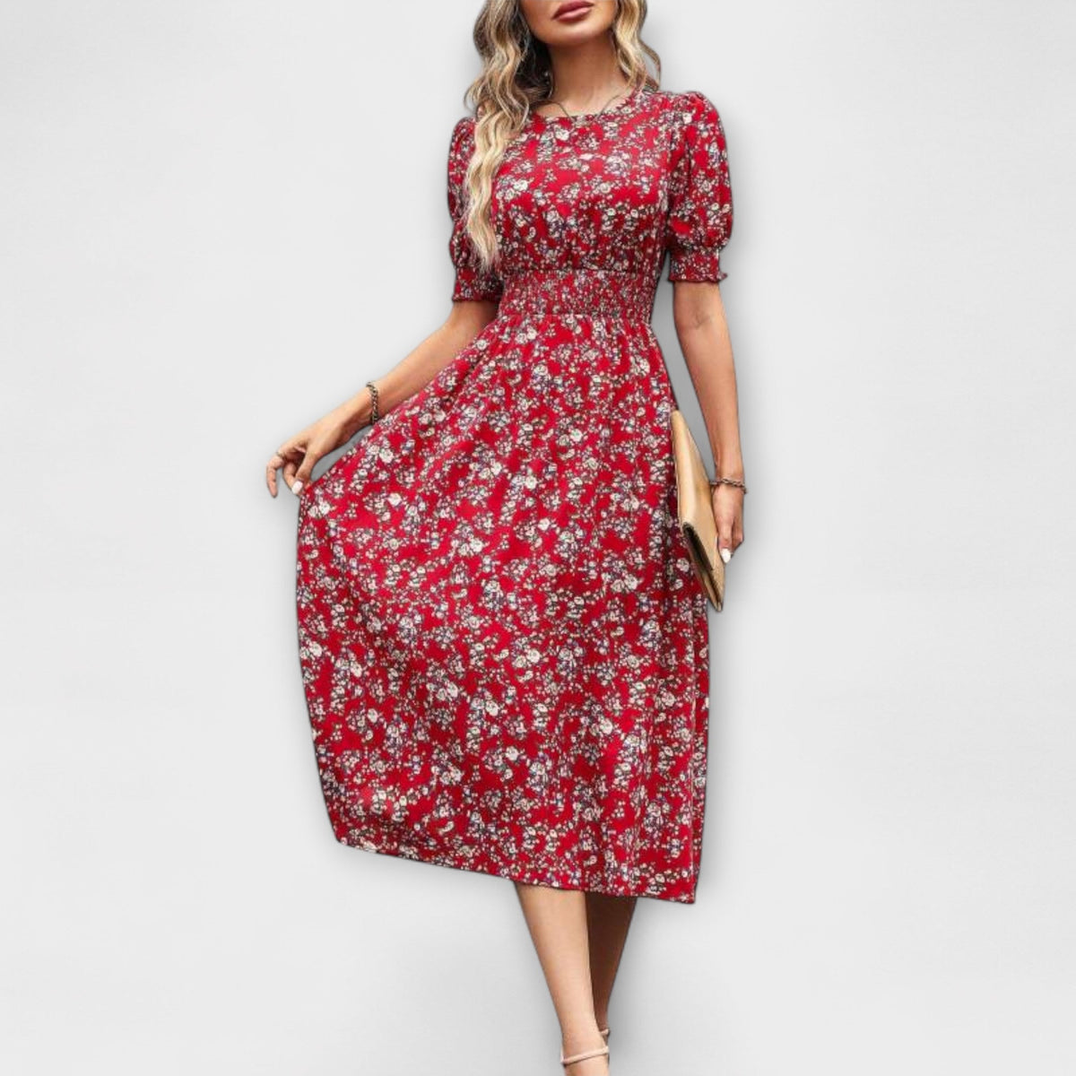 Amelia - Robe Rouge à Col Rond et Petites Fleurs