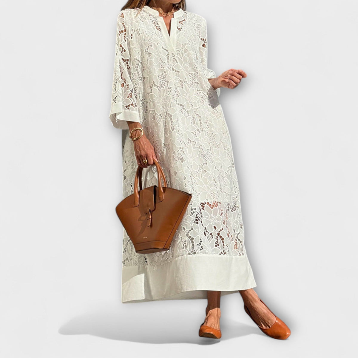 Valmere - Robe Longue Blanche Brodée en Dentelle