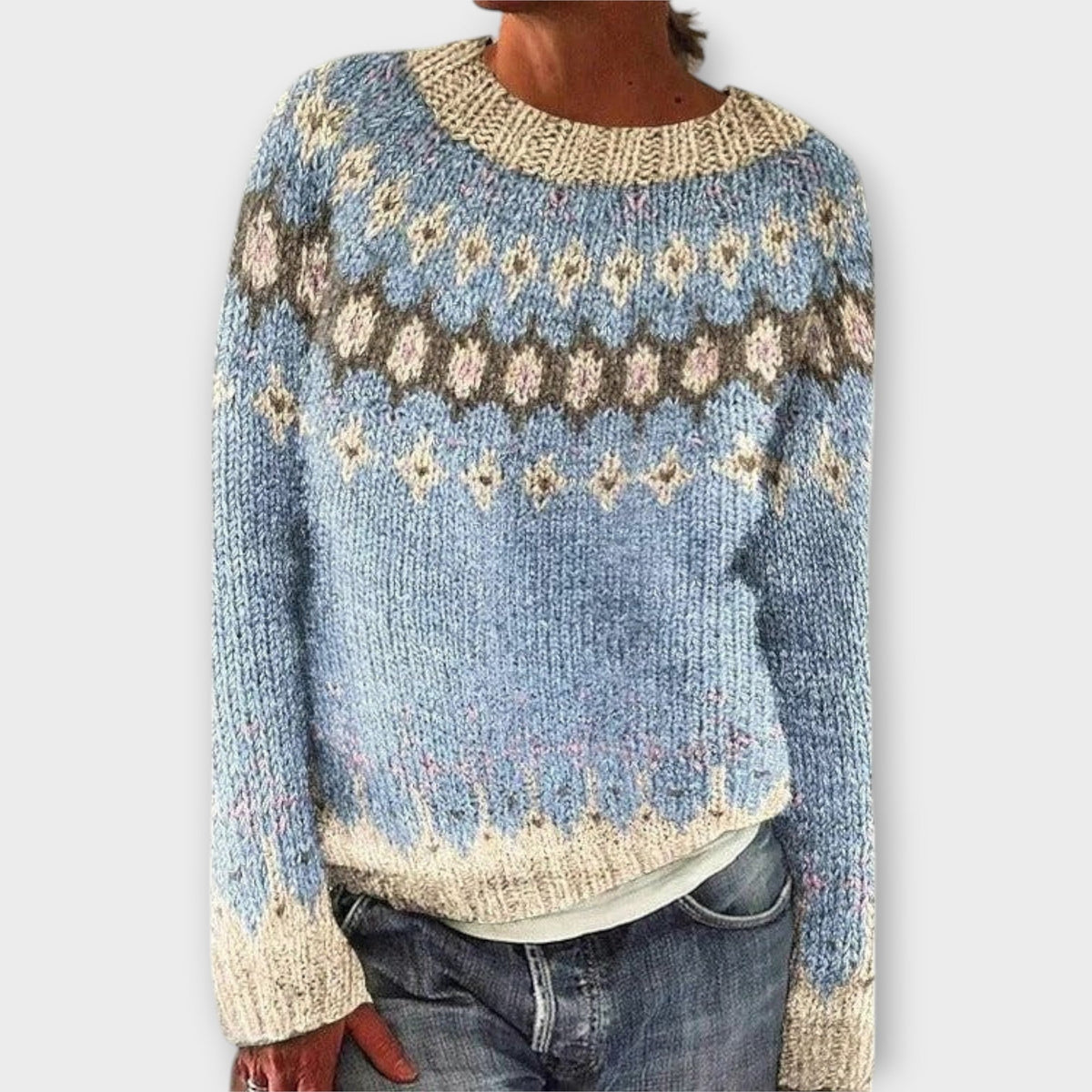 Devyn - Pull Douillet Bleu Pétrole à Motif Norvégien