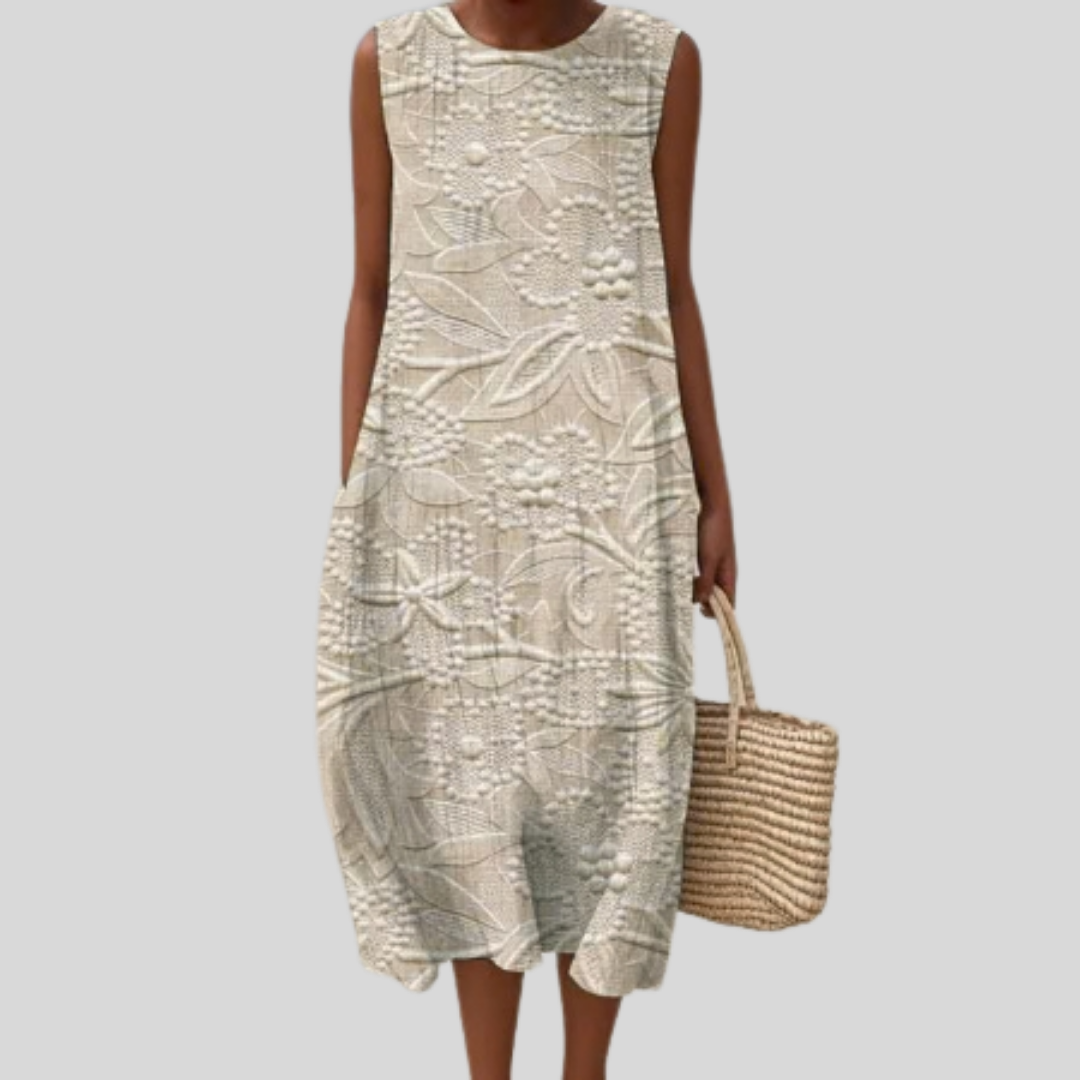 Robe Beige Brodée à Motif Ornemental