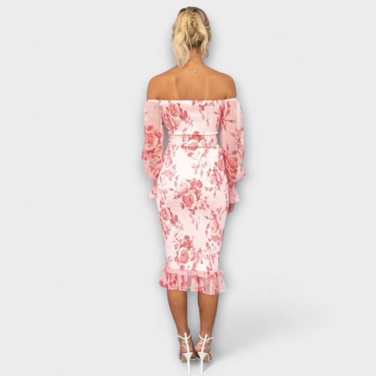 Dahlia - Robe Midi Rose Épaules Dénudées à Motif Floral