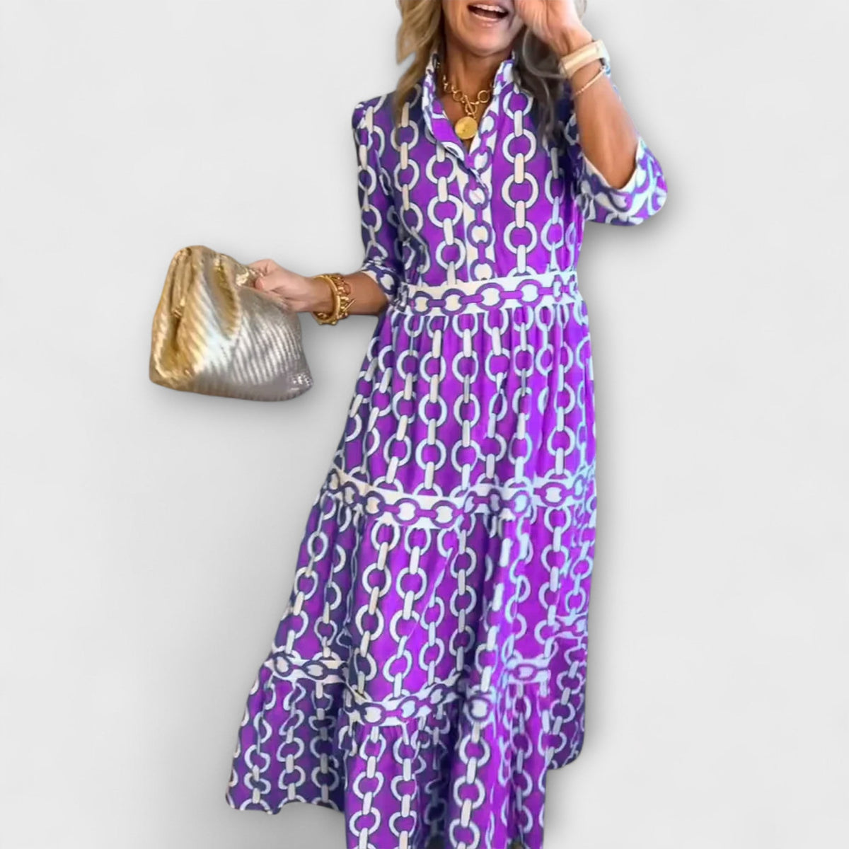 Sofia - Robe Midi Bleue à Motif Chaînes
