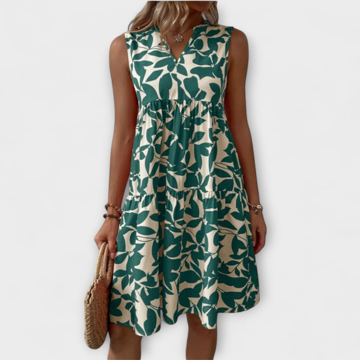 Tasha - Robe Fluide Verte à Motif Feuilles