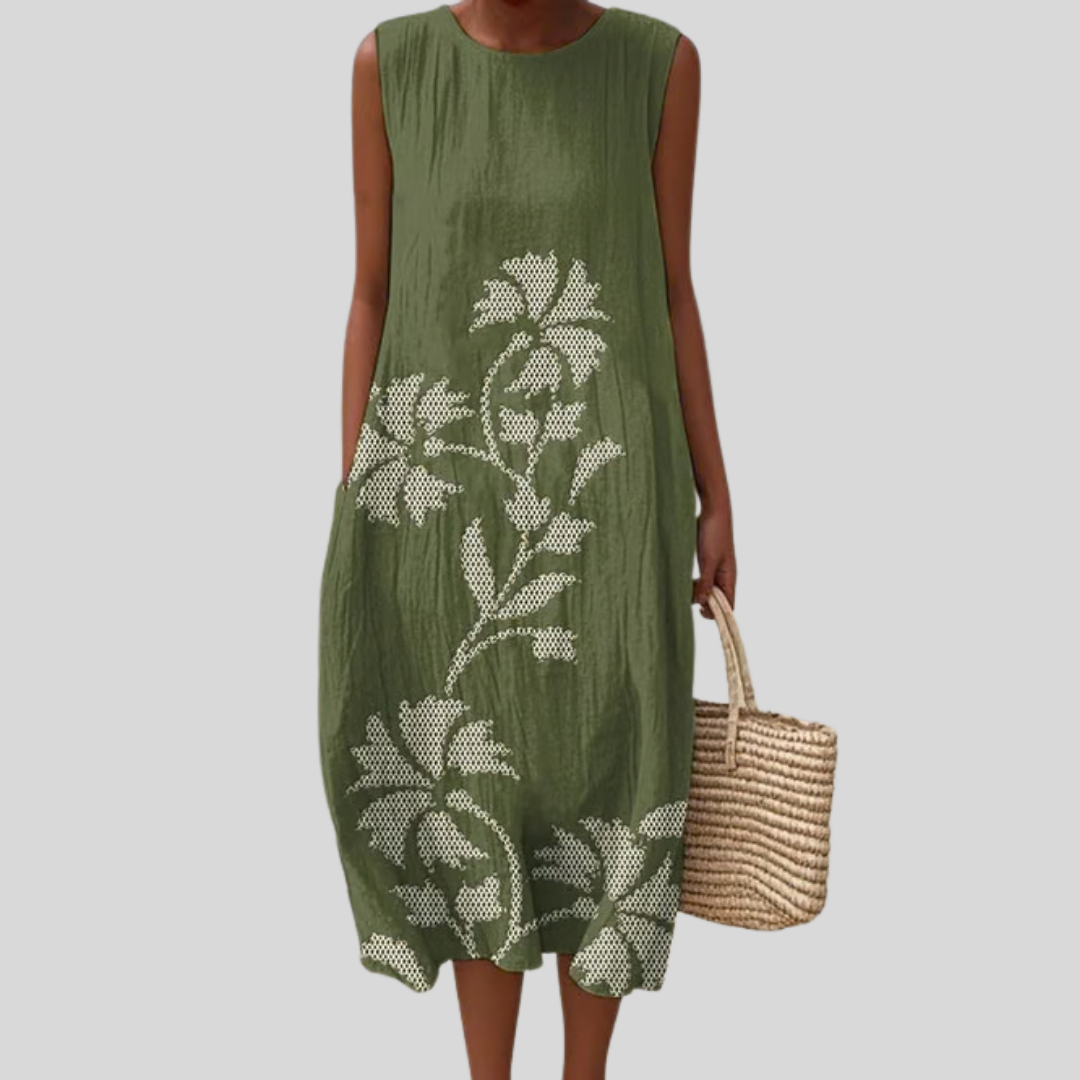 Robe Vert Olive à Branche Fleurie