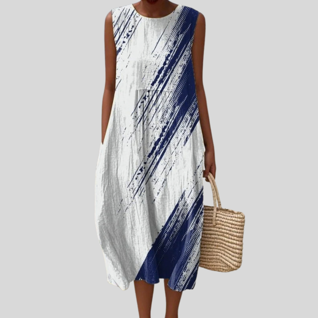 Robe Blanche et Bleue à Motif Coups de Pinceau